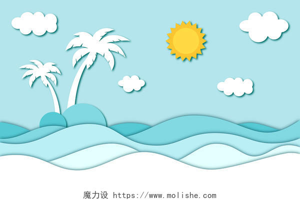 夏日边海洋剪纸风插画夏天海滩